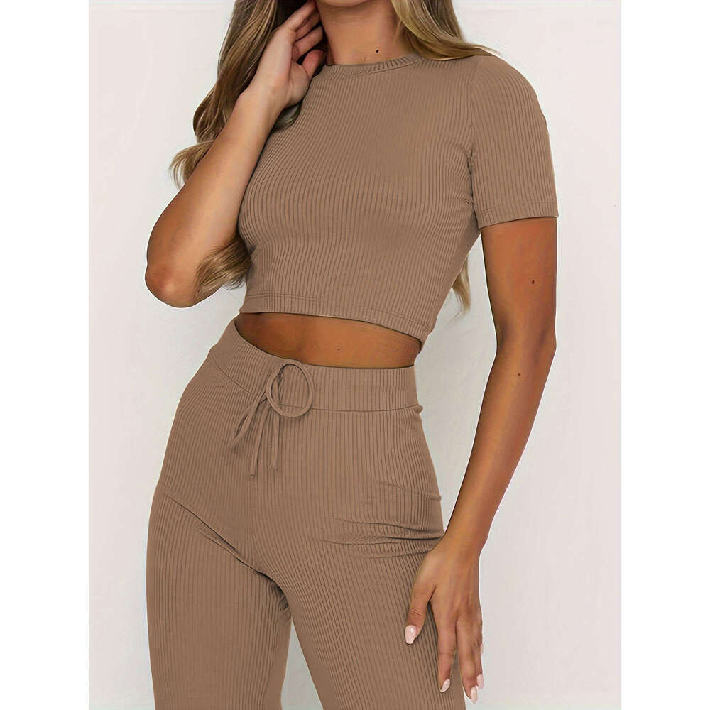 Summer Women's Ribbed Short Sleeve Crop Top And Long Pants Knitted Casual Set B5