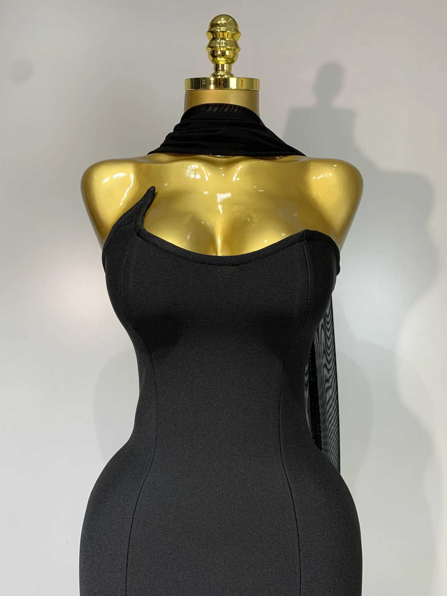 Sexy Strapless Long Bandage Dress Black Mesh Patchwork Evening Party Gowns Bodycon Birthday Dresses XJ250722