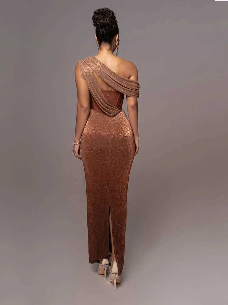 Sexy One Shoulder Draped Glitter Long Dress Women Brown Corset Sparkly Backless Bodycon Maxi Dresses Evening Party Gowns XJ250722