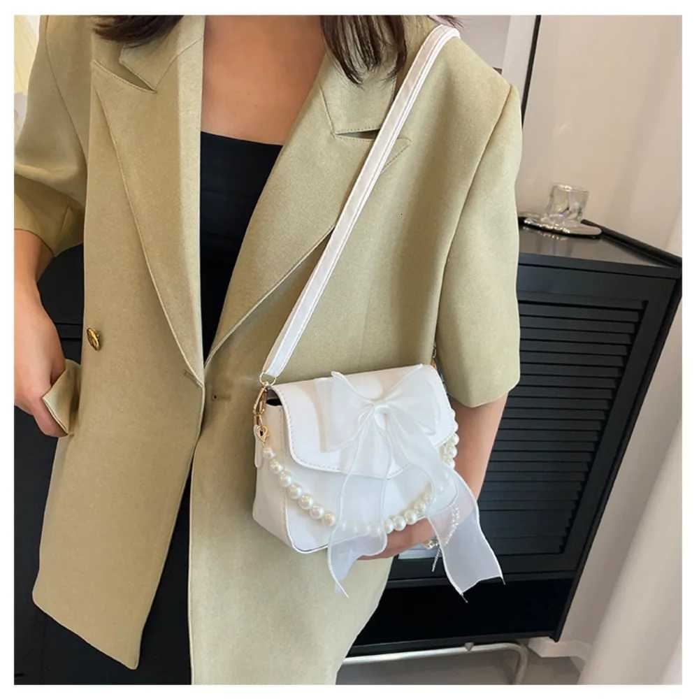 Solid Color PU Leather Pearl Chain Bag Bow Knot Fashion Top-Handle Bag Women Canvas Large Underarm Bag Shoulder Bag XJ250704