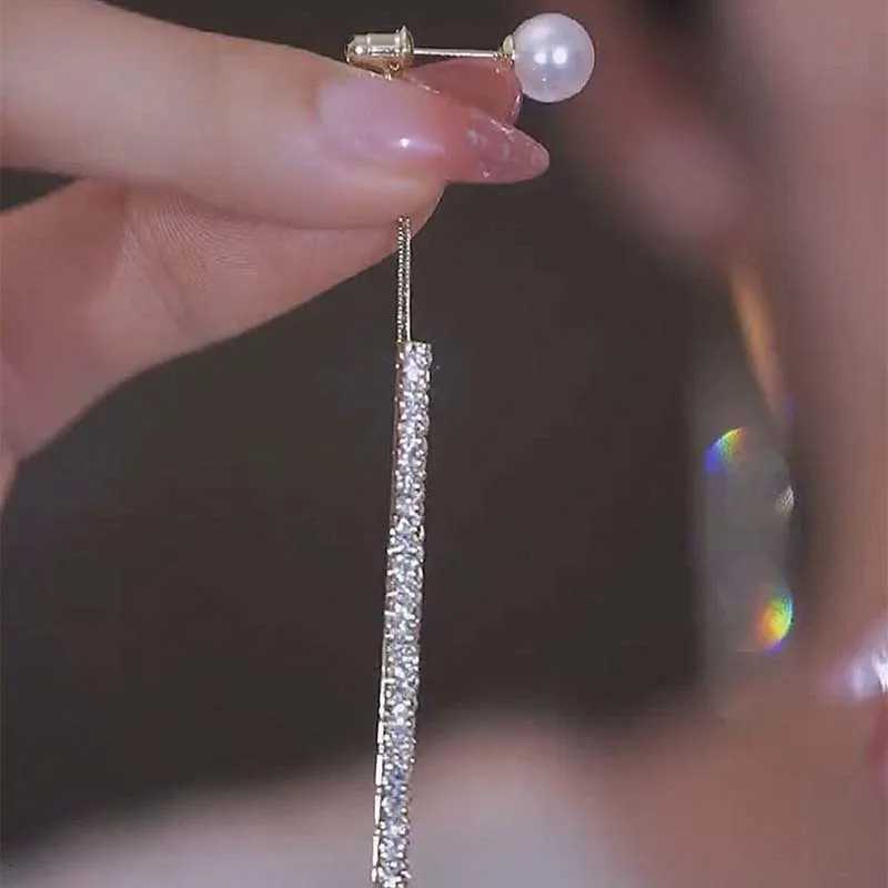 Korean Long Tassel Pearl Dangle Earrings for Women Luxury Full Rhinestone Gold Color Drop Earrings Wedding Party Jewelry Gift XJ250722