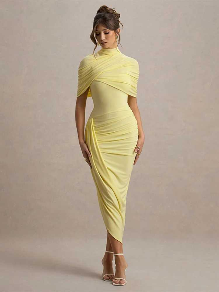 100% Solid Pleated Maxi Dresses Women Fashion Chic Round Neck High Collar Split Slim Fit Long Dresses 2025 Dinner Party Wear XJ250722