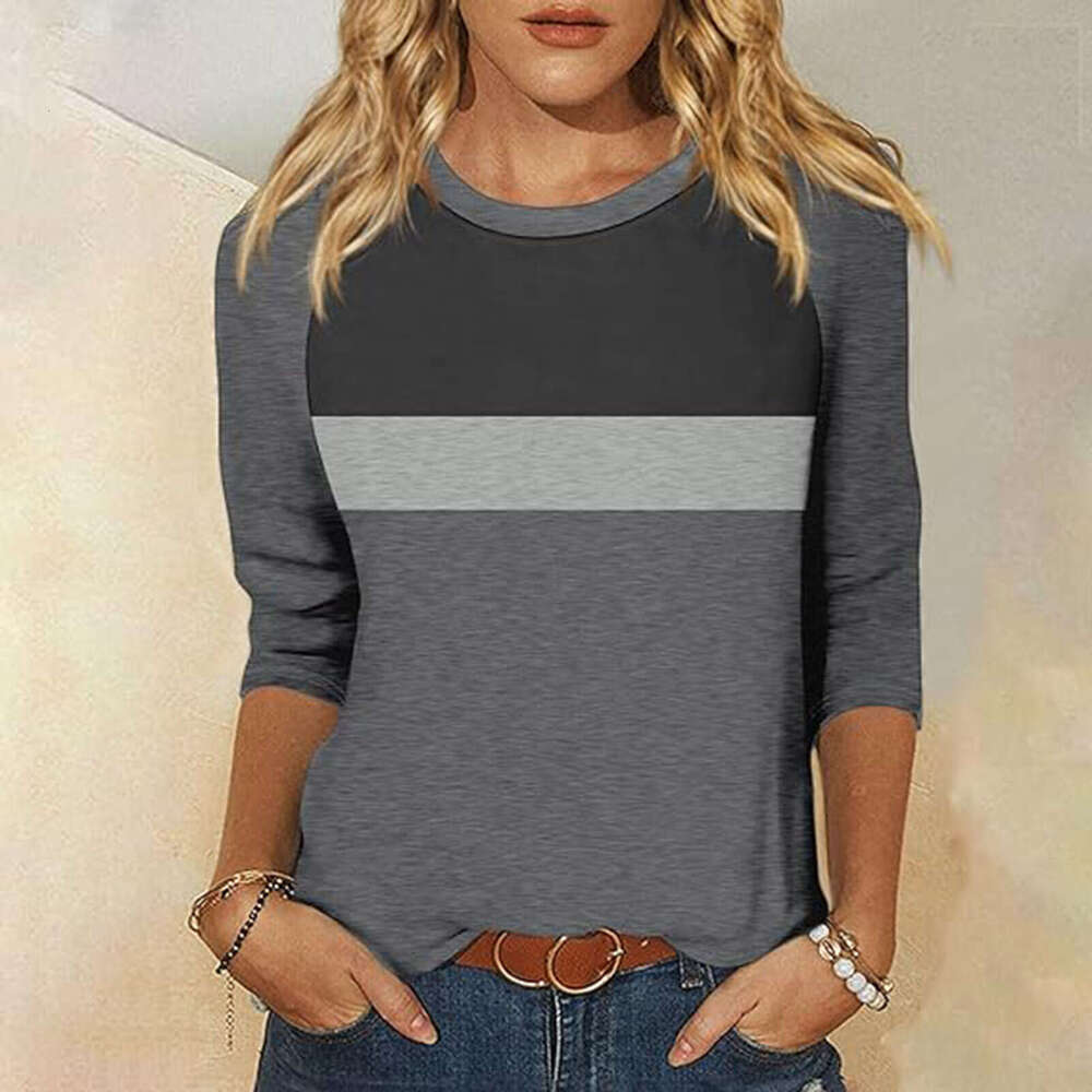 Women's Solid Color Block Ins Casual Fashion Three-Quarter Sleeve T-Shirt Round Neck Top B5