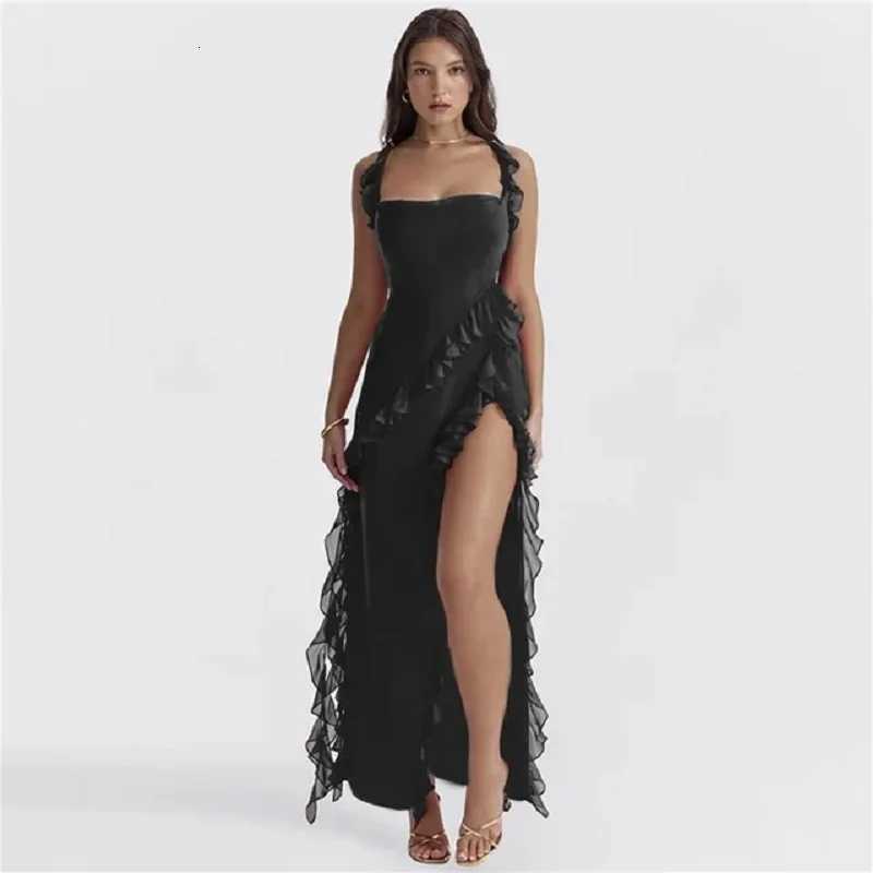 2024 Ele Club Evening Party Dresses Slash Neck Split Red Black Red Long Dresses Giyu Sexy Ruffles Summer Dress for Women XJ250722