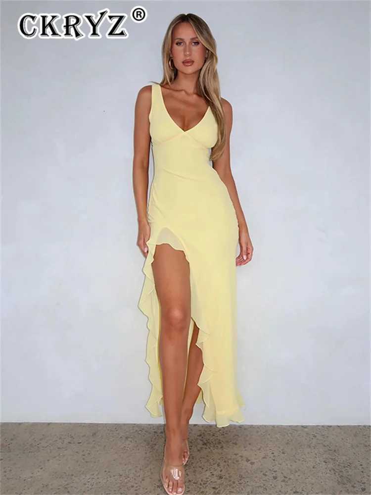 2025 Ladies Summer Ruffle Evening Birthday Party Dress Women Sleeveless Backless Side Slit Long Dresses Clubwear Women Clothes XJ250722