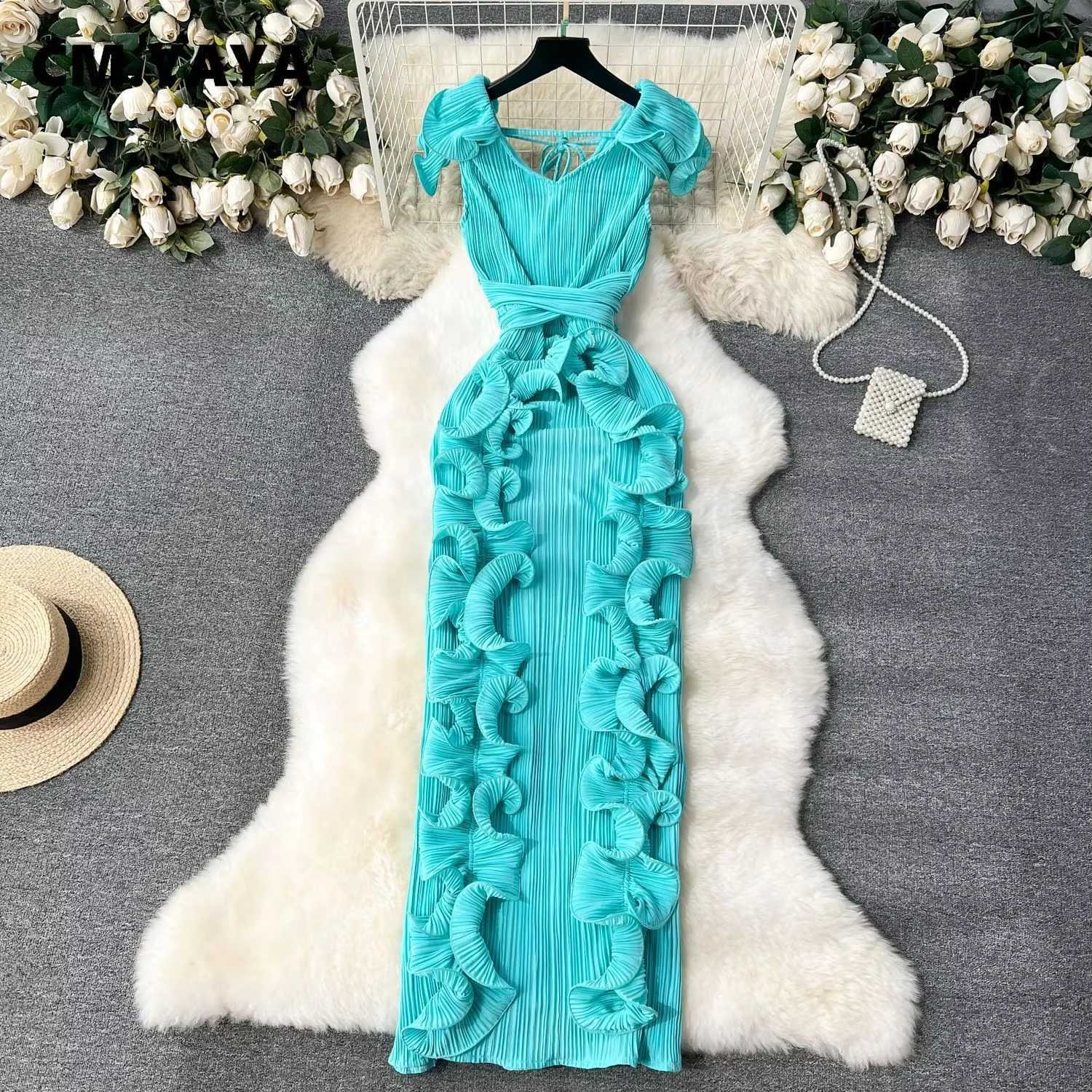 2025 CM.YAYA Women Ruffles Splicing V-neck Sleeveless Bodycon Midi Pleated Maxi Long Dress Birthday Sexy Club Party Even Dresses XJ250722