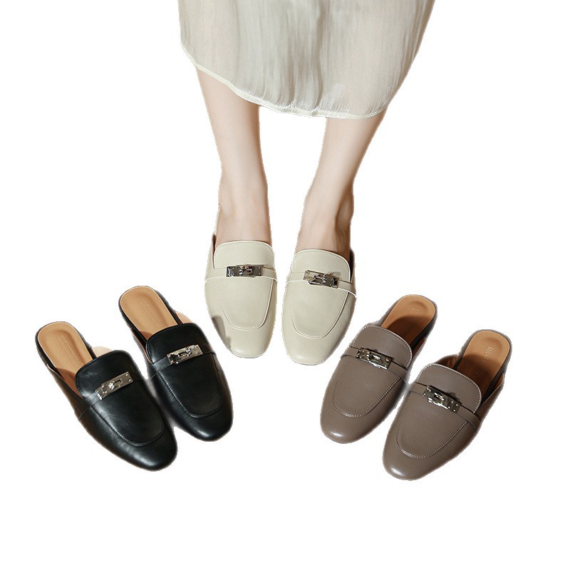 French cowhide sandals toe semi-slippers women's wears spring and summer lazy casual one-footed muller commuter shoes2025