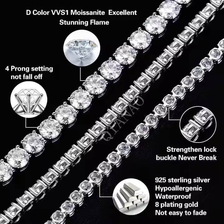 Ready to Ship Moissanite Chain 925 Silver 3mm Tennis Chain Vvs Moissanite 6-9 Inch Tennis Bracelet Iced Out Jewelry Hiphop Man