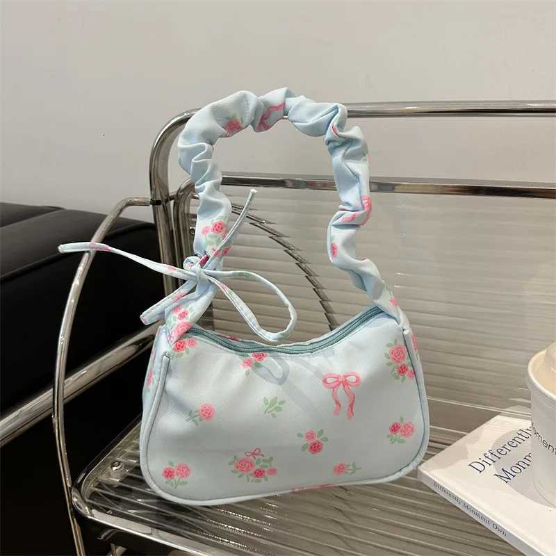 2025 Summer Womens Bag Canvas Pleated Handlebags Armpit Bag Korean Floral Bow Printed Zipper Tote Bag Small Female Shoulder Bag XJ250704