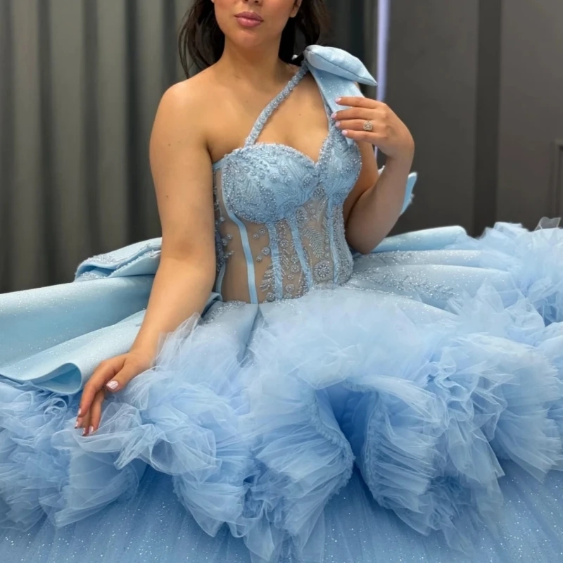 Sky Blue Quinceanera Dresses Ball Gown Off The Shoulder Beading Crystal Tiered Tull Corset Party Birthday Sweet 16 Dress Vestidos 15 Anos