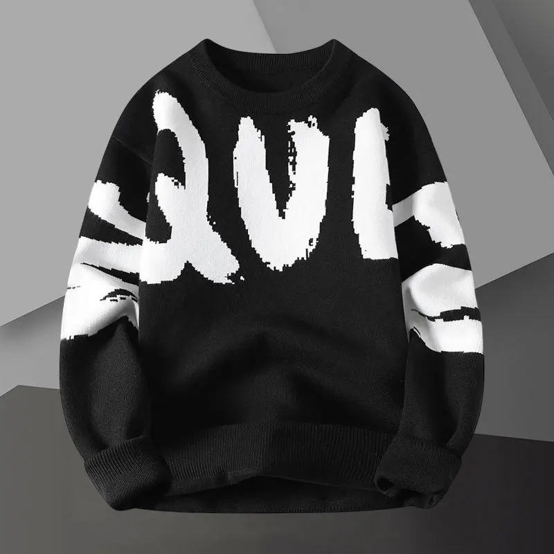 Letter Contrast Printing Sweater Pullover Crew Neck Men Sweter Korean Sweater Fashion Knit Pullover Sweater Noel Kazak 250717