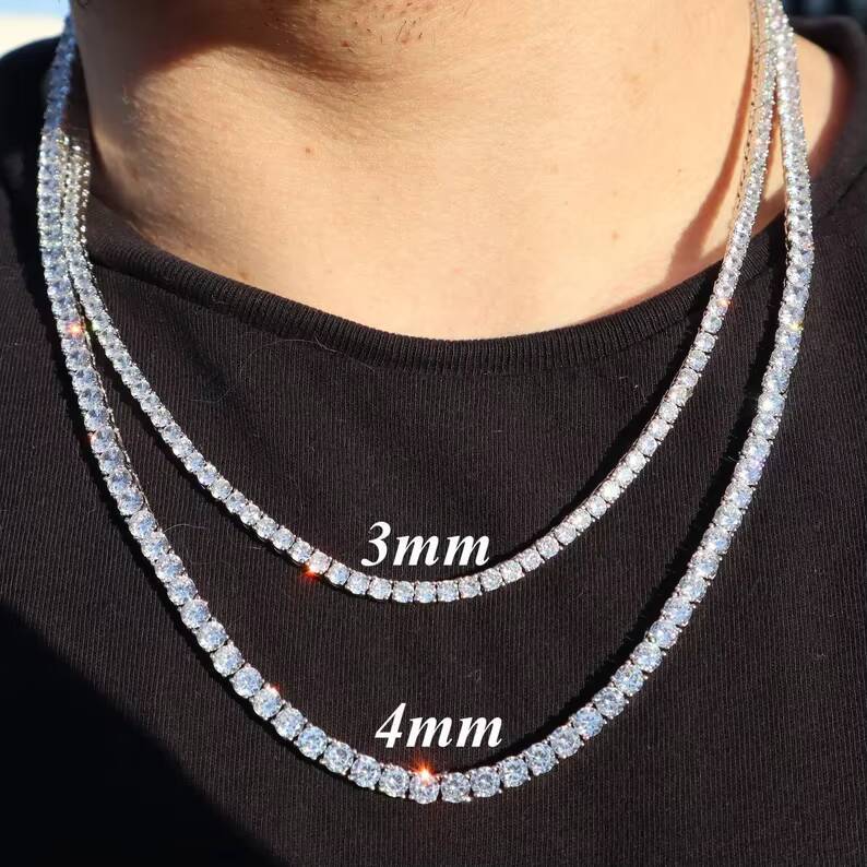 Wholesale Price 925 Sterling Silver 3MM/4MM Mens White Gold Color Moissanite Tennis Chain Hip Hop Pendant Tennis Necklace