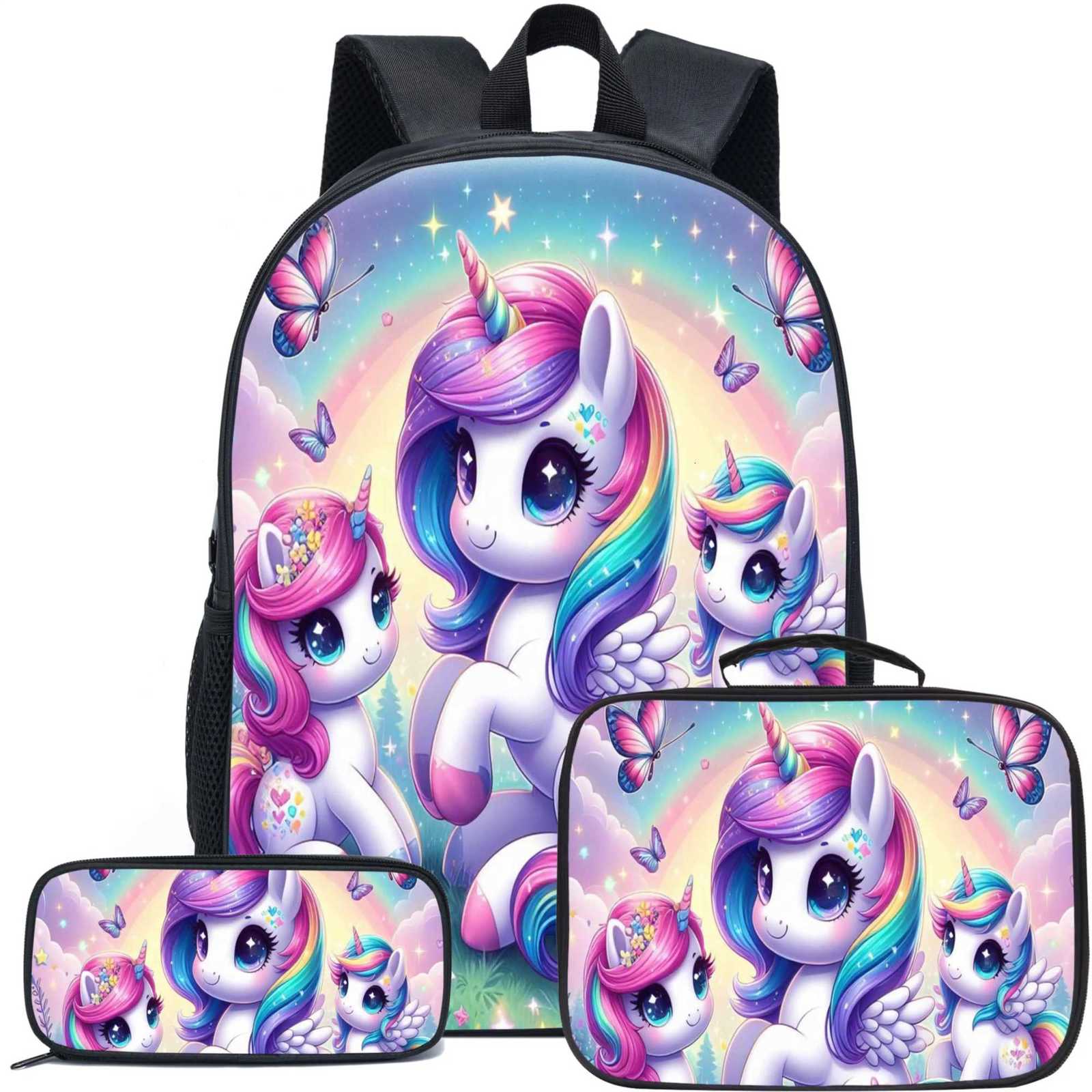 unicorn print pattern backpack exquisite and persali three-piece school bag for girls Y250722