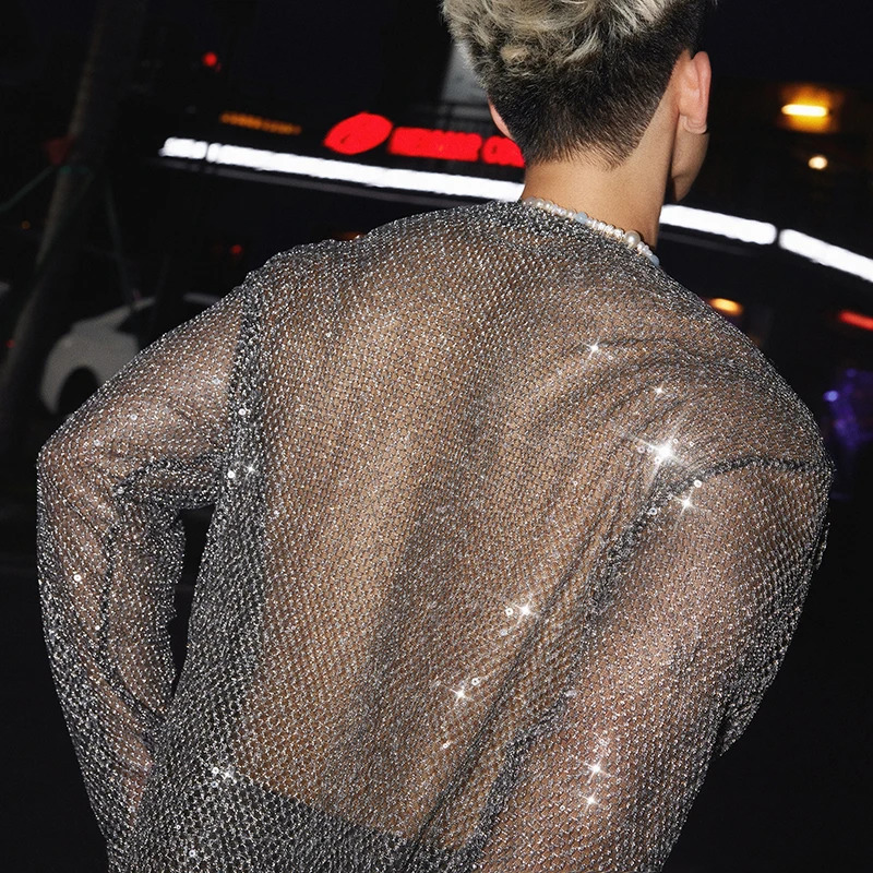 FEWQ Sequins Decoration Mens T-shirts Mesh Round Collar Tops Long Sleeved See-through Pullover Male Tees Niche 24K4819 250714