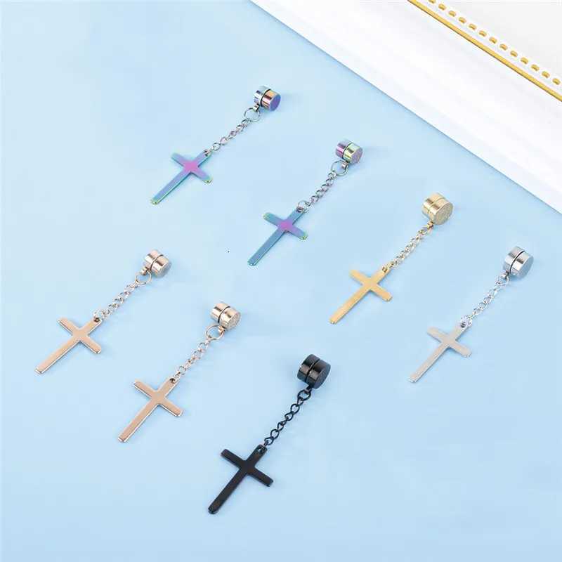 Punk Cross Pendant Tassel Stainless Steel Earrings Magnetic Fashion Geometric Clip Ear Jewelry Party Gifts For Women Men XJ250722