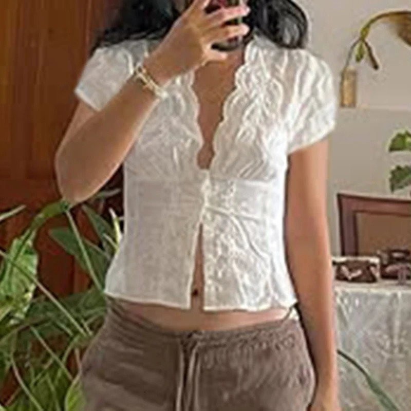 Darlingaga Y2K Bow Textured Waist Cinching Shirts Women Summer Puff Sleeve VNeck Cardigan Tops Cutecore ButtonFly Girls Blouse 250717