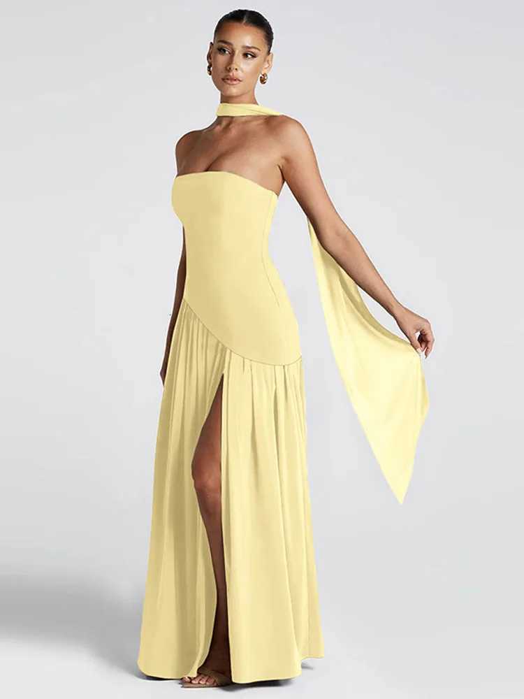 2025 Summer Party Dress Women Off-shoulder Strapless Yellow Long Dresses Pleat Scarf Neck Holiday Evening Lady Dresses XJ250722