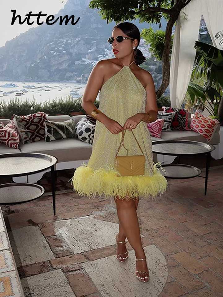 Sexy Feather Glitter Halter Short Dress Women Sleeveless Backless Yellow Fe Party Dresses 2025 Summer Lady Beach A-line Dress XJ250722