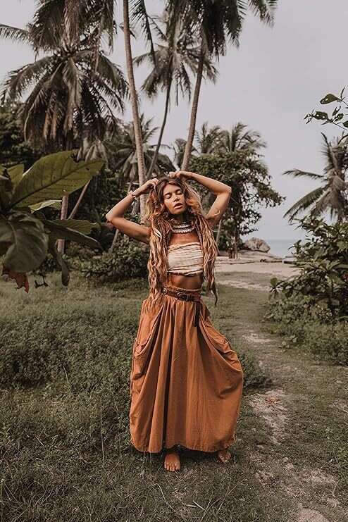 Women's Casual Midi New Drawstring Large Pocket Bohemian Loose Organic Cotton Long Skirt B5