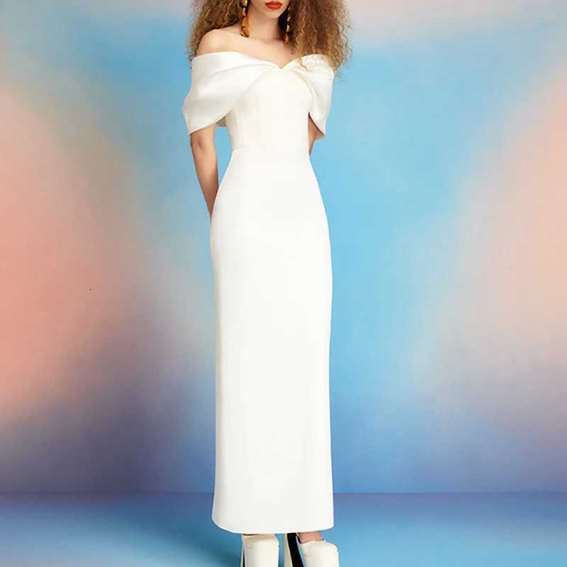 Fashion Color Blocked Splicing Evening Dress Off Shoulder Solid Slim Long Dress for Women Casual Short Sleeve Party Dresses XJ250722
