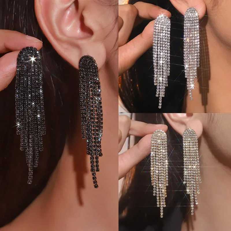 FYUAN Fashion Long Tassel Drop Earrings for Women Black Gold Silver Color Rhinestone Dangle Earring Wedding Party Jewelry XJ250722