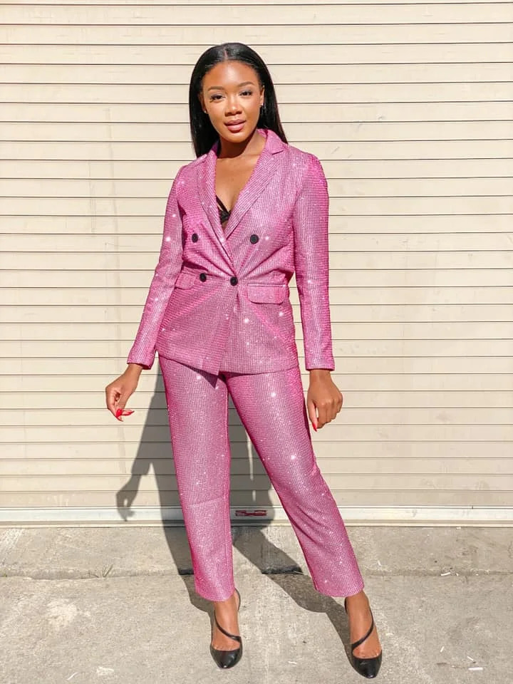 glitter blazer pant suit set plus size pink shiny sparkly birthday wedding cocktail party christmas year stage outfit 250714