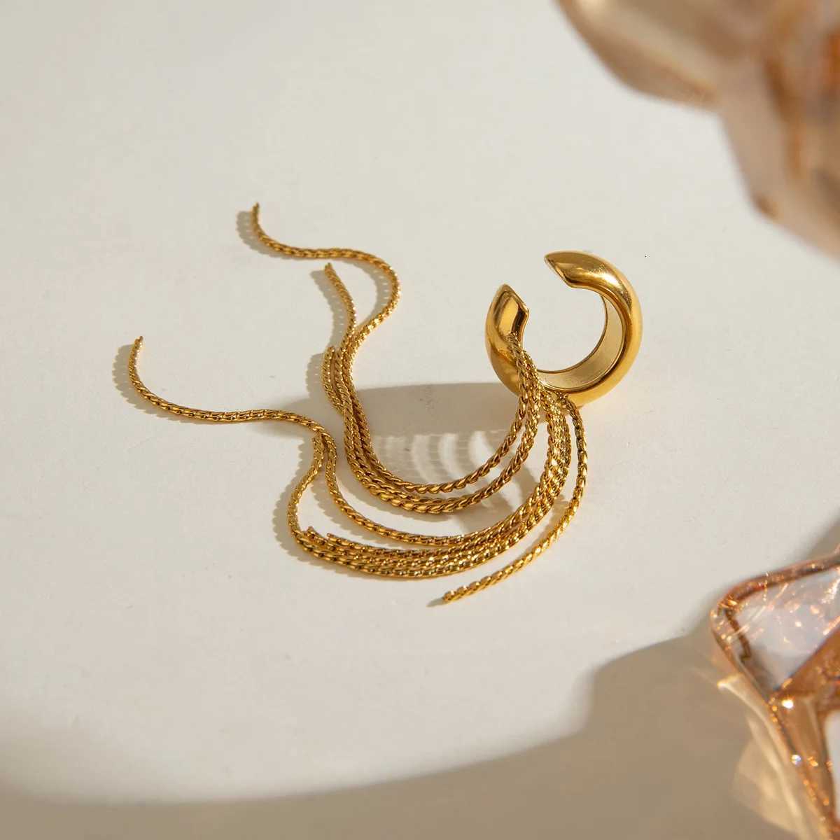 1Pc Long Tassel Drop Dangle Ear Clip Womens Metal Charms Stainless Steel Jewelry Gold Color PVD Waterproof XJ250722