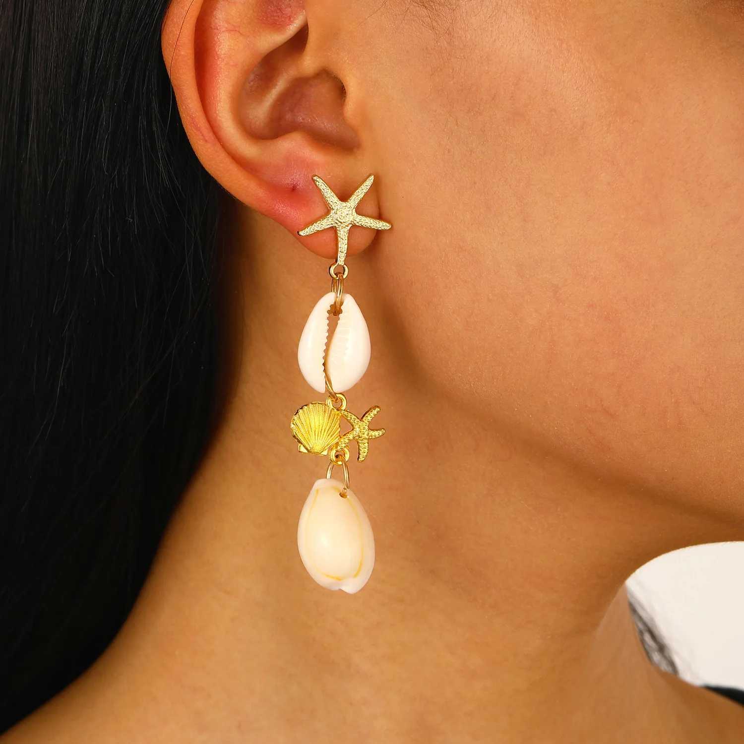 Boho Starfish Conch Splicing Tassel Pendant Earrings for Women Gold Color Female Earring Sweet Ocean Series Jewelry Accessories XJ250722
