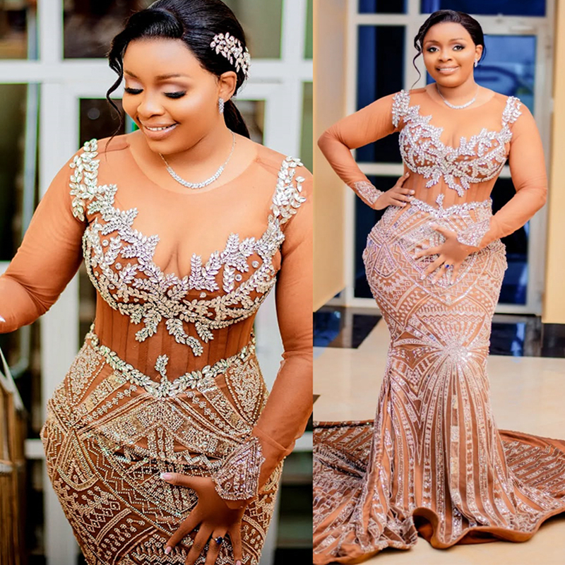 2025 Plus Size Brown Prom Dress For Black Women Mermaid Evening Dresses Robe De Soiree Sheer Neck Long Sleeves Beaded Lace Birthday Dress Second Recep