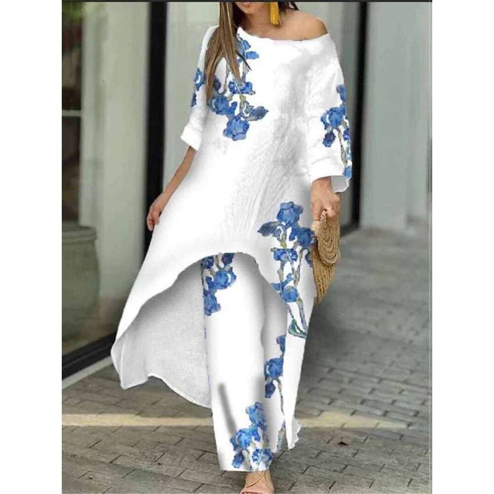 New Women's Fashion Casual Loose Irregular Print Nine-Quarter Sleeve Sunscreen Shirt Wide-Leg Pants Set B5
