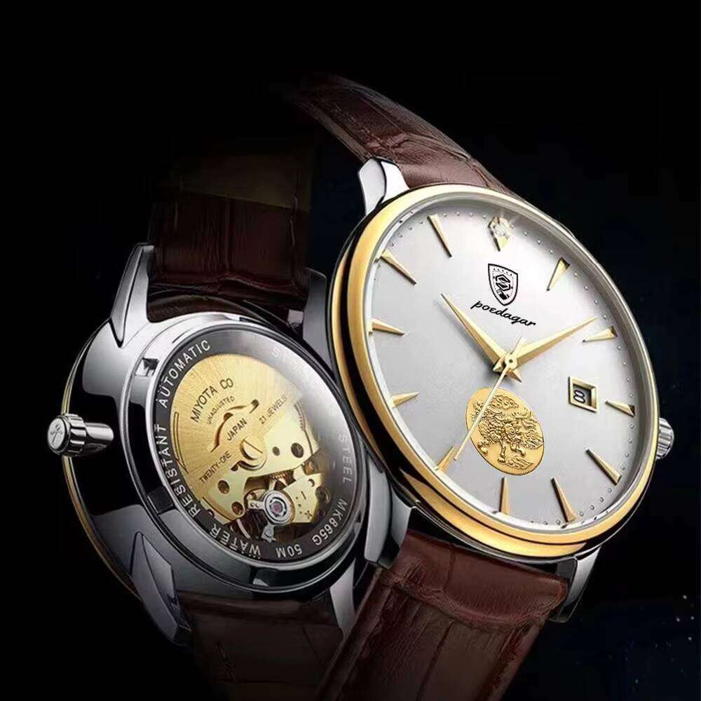 DHwatches POEDAGAR Men's Luxury Automatic Watch - Ultra-Thin 10mm, Skeleton Dial, Moon Phase, 50M Waterproof, Genuine Leather Strap