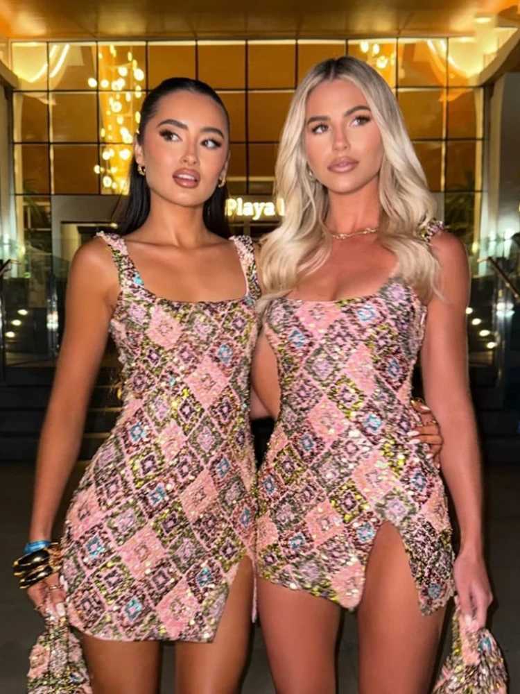 Colorful Rhombus Sequins Sexy Mini Dress Elegant Chic Straps Slit Bodycon Party Dresses Summer Holidays Evening Women Dress 2025 XJ250722