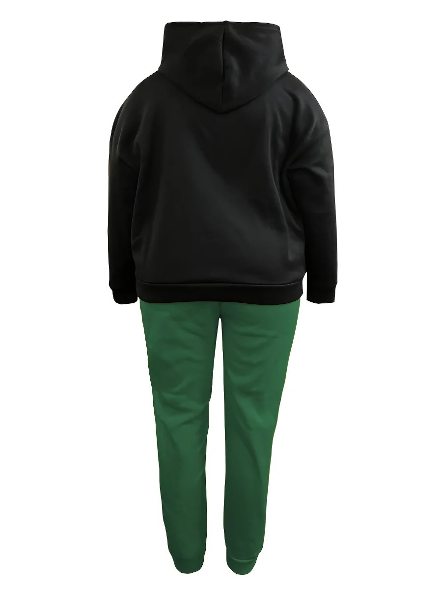 LW Plus Size Crown Letter Print Kangaroo Pocket Tracksuit Set Women Hooded Collar Sweatsuit Fall Long Sleeve Two Pieces Outfit 250714