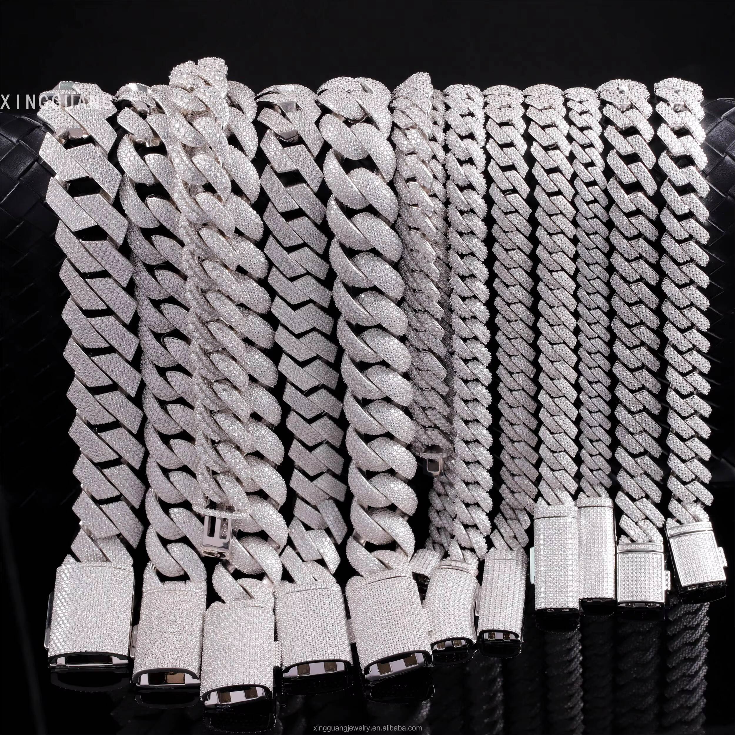 Hip Hop Jewelry 2rows 8mm 10mm 12mm 13mm 14mm 15mm VVS Moissanite Diamond Cuban Link Chain 925 Silver Moissanite Necklace