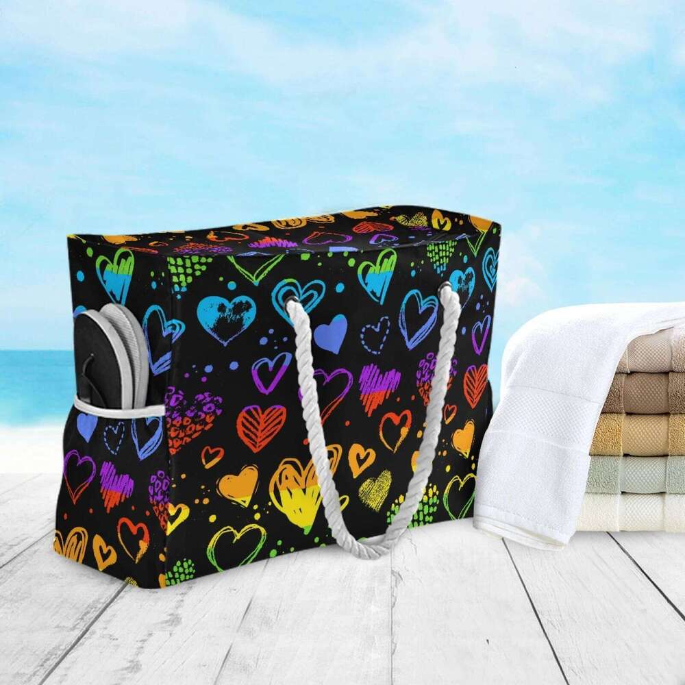2025 New Rainbow Heart Polka Dot Women Shoulder Trendy Waterproof Tote Beach Bag Large Capacity Female Travel Shopping Bags