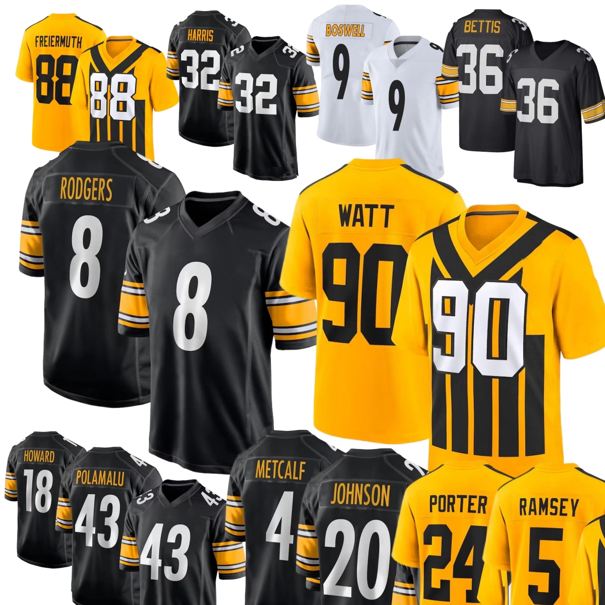T. J. Watt Football Jersey Kenny Pickett Joey Porter Patrick Peterson Will Howard Chris Boswell Porter Polamalu Freiermuth Kaleb Johnson Jalen Ramsey Jaylen Warren