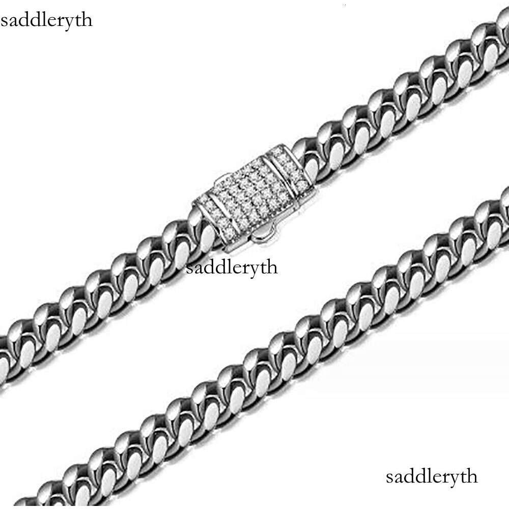 Mens White Gold Tone 316L Stainless Steel Chain Necklace Curb Cuban Link with Dias Clasp Lock 6mm/8mm/10mm/12mm/14mm