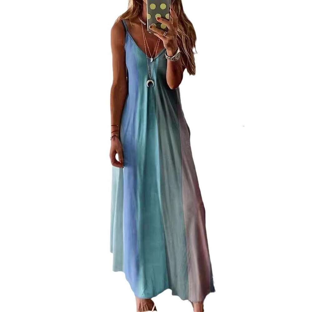 Summer Women's Long Slim Fit Colorful Gradient New Printed Strap Dress B5