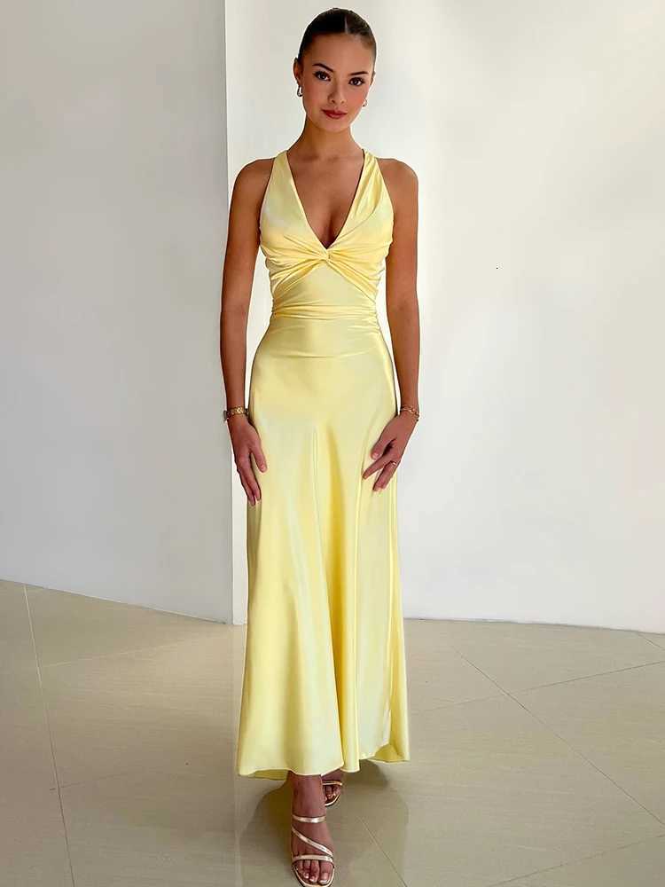 Mozision Satin Bow Backless Sexy Maxi Dress For Women Gown Fashion V Neck Sleeveless Club Party Evening Dress XJ250722