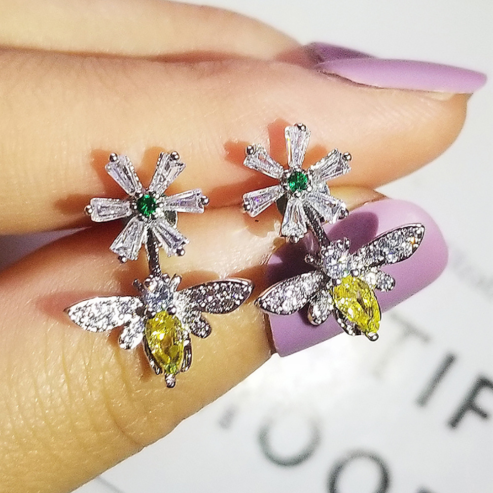 Silver - Tone Flower And Bee - Shaped Earrings With Rhinestone And Colored Gem Accents Charming Party Jewelry And Gift For Her High Quality And Unique