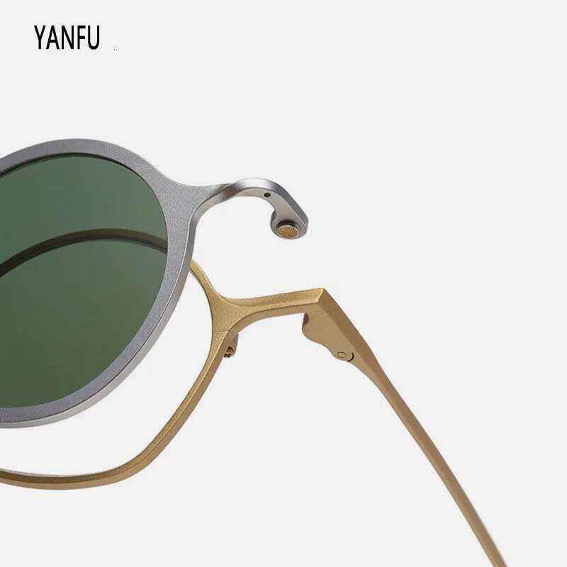 Retro Male Glasses Magnetic Clip Pure Titanium Sunglasses Men Round Vintage Trendy UV400 Eyewear Man Magnetized Lenses 148mm