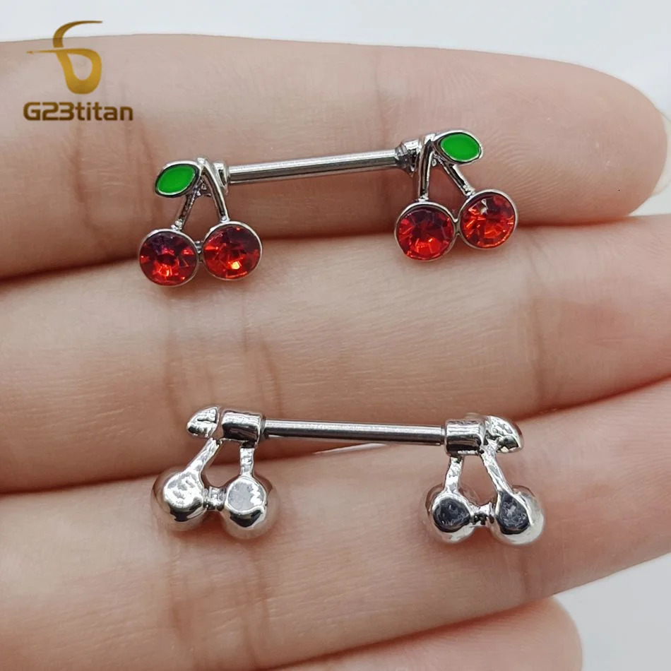 2pcs 14G Barbell Sweet Cute Cherry Shaped Zircon Breast Ring For Women Body Piercing Sexy Nipple Ring Jewelry Ornament 250722