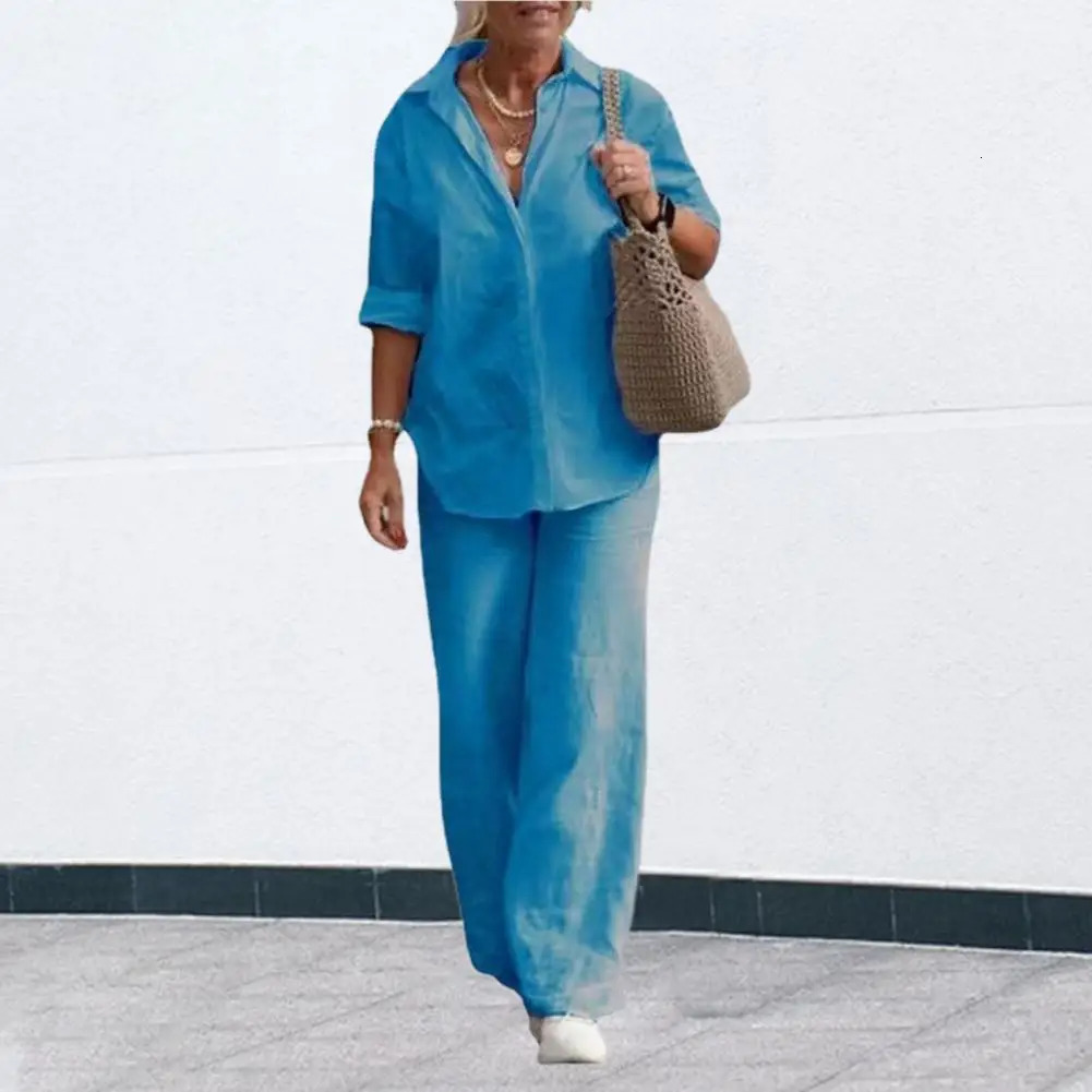 Two-piece Set Women Summer Suit Plus Size Cotton Linen Single-breasted Shirt Trousers Casual Top Wide Leg Pants Loose Outfits 250714