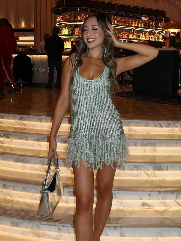 Sexy Sequin Tassel Mini Dress Women Sleeveless O-neck Feather Fe Party Dresses 2025 Summer New Vacation Beach Lady Gown XJ250722