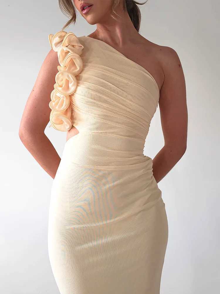 Articat Ele Sveless Slant Shoulder Flower Dress Women Spring/Summer 2025 Sexy Mesh Wrap Hip Dress Party Evening Dress XJ250722