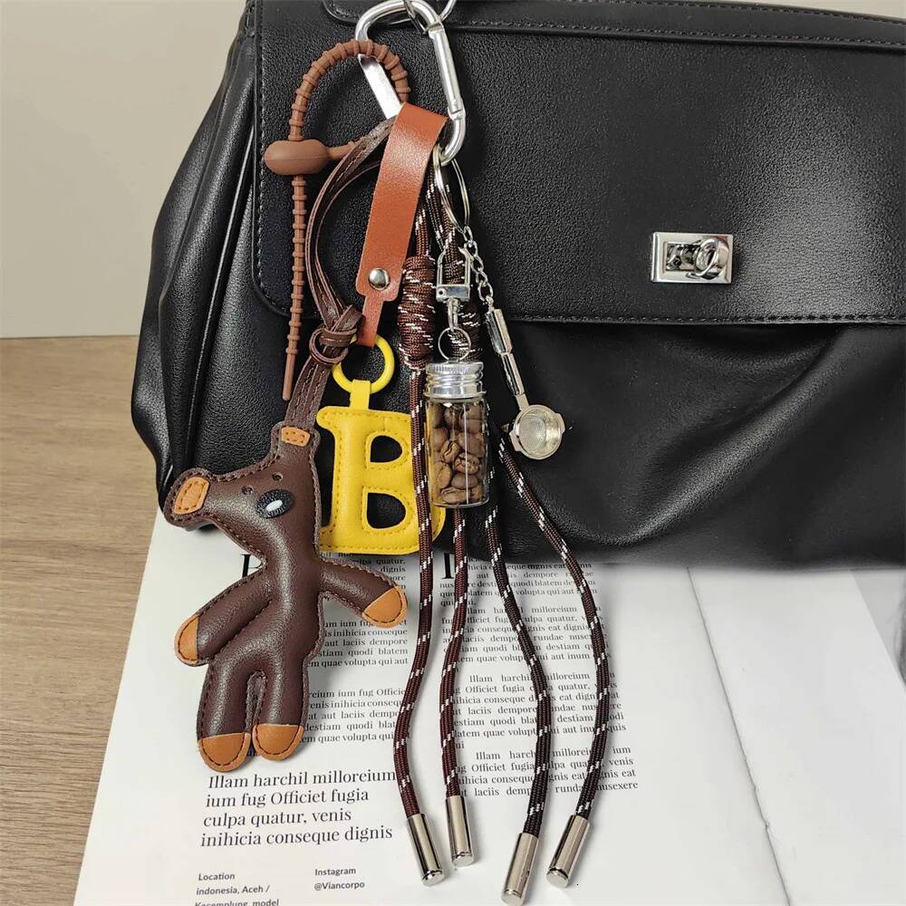 Cute Teddy Bear Leather Keychain with Coffee Bean Glass Bottle Handle Miu Style Unisex Bag Charm Accessory ddmymarket