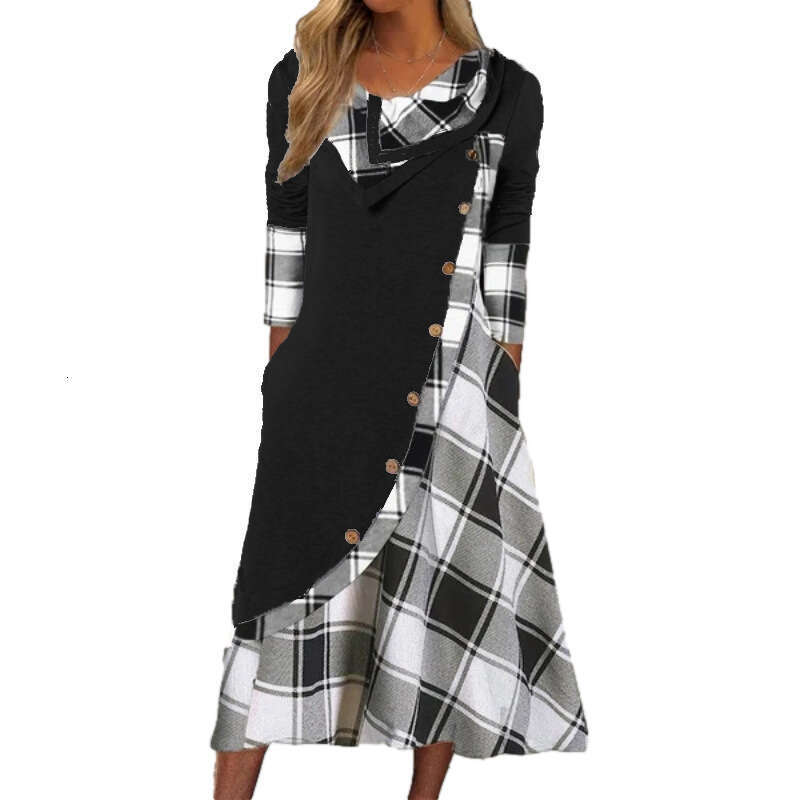 Women's Striped Plaid Patchwork Pocketed Pile Collar Plus Size Long Sleeve Dress B5