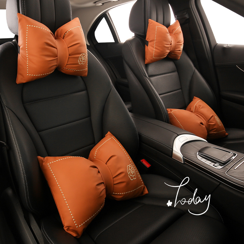 Leather Bow Embroidered Headrest Lumbar Support Set Car Neck Protection Waist Pillow Cushion