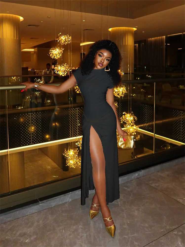 Cutenew Draped Slash Neck Women Dress Concise Incline Shoulder High Side Split A-line Maxi Bodycon New Ele Party Dress XJ250722