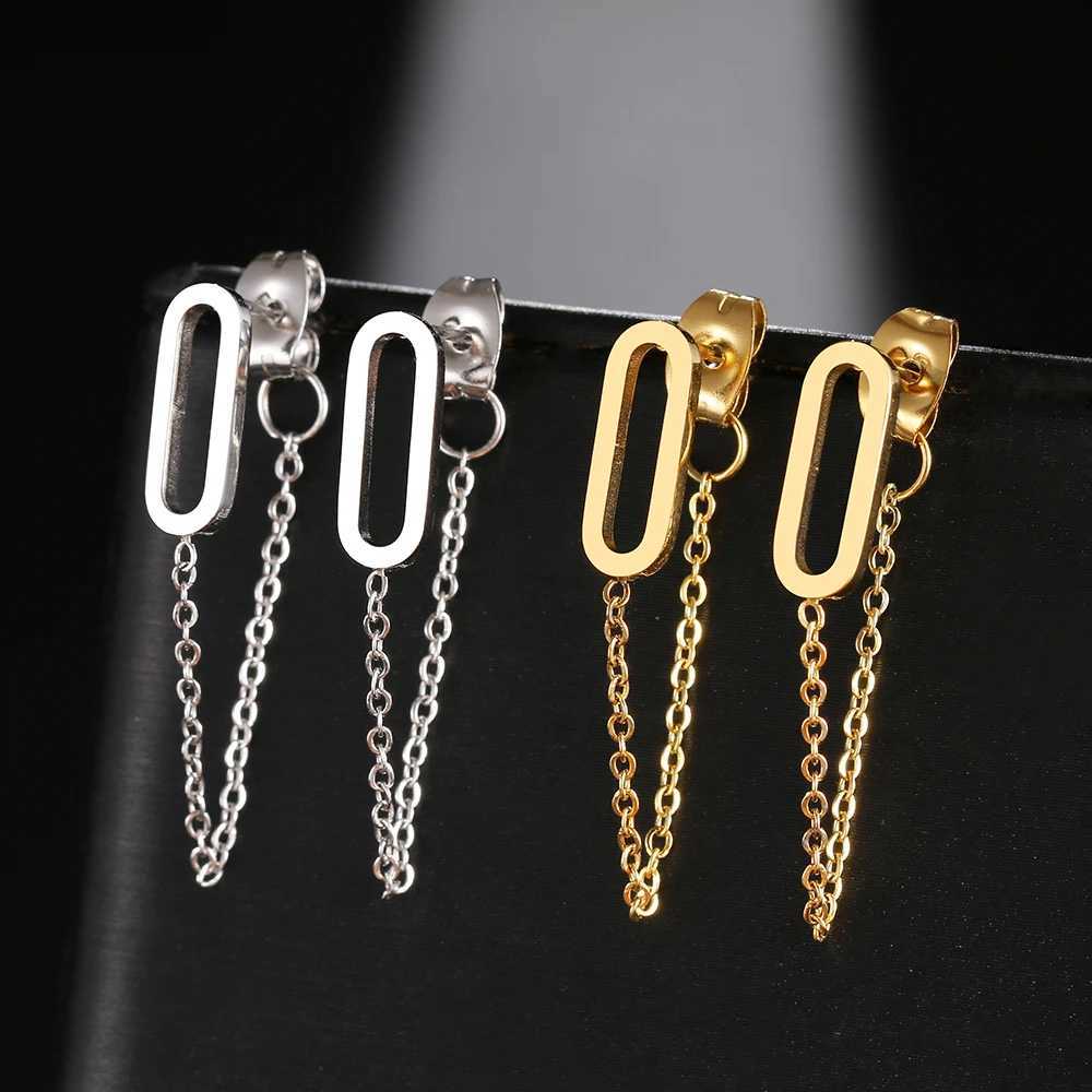 2022 Trend Stainless Steel Earrings Classic Style Hollow Rounded Rectangle Fashion Tassel Chain Earrings for Women Jewelry Gifts XJ250722
